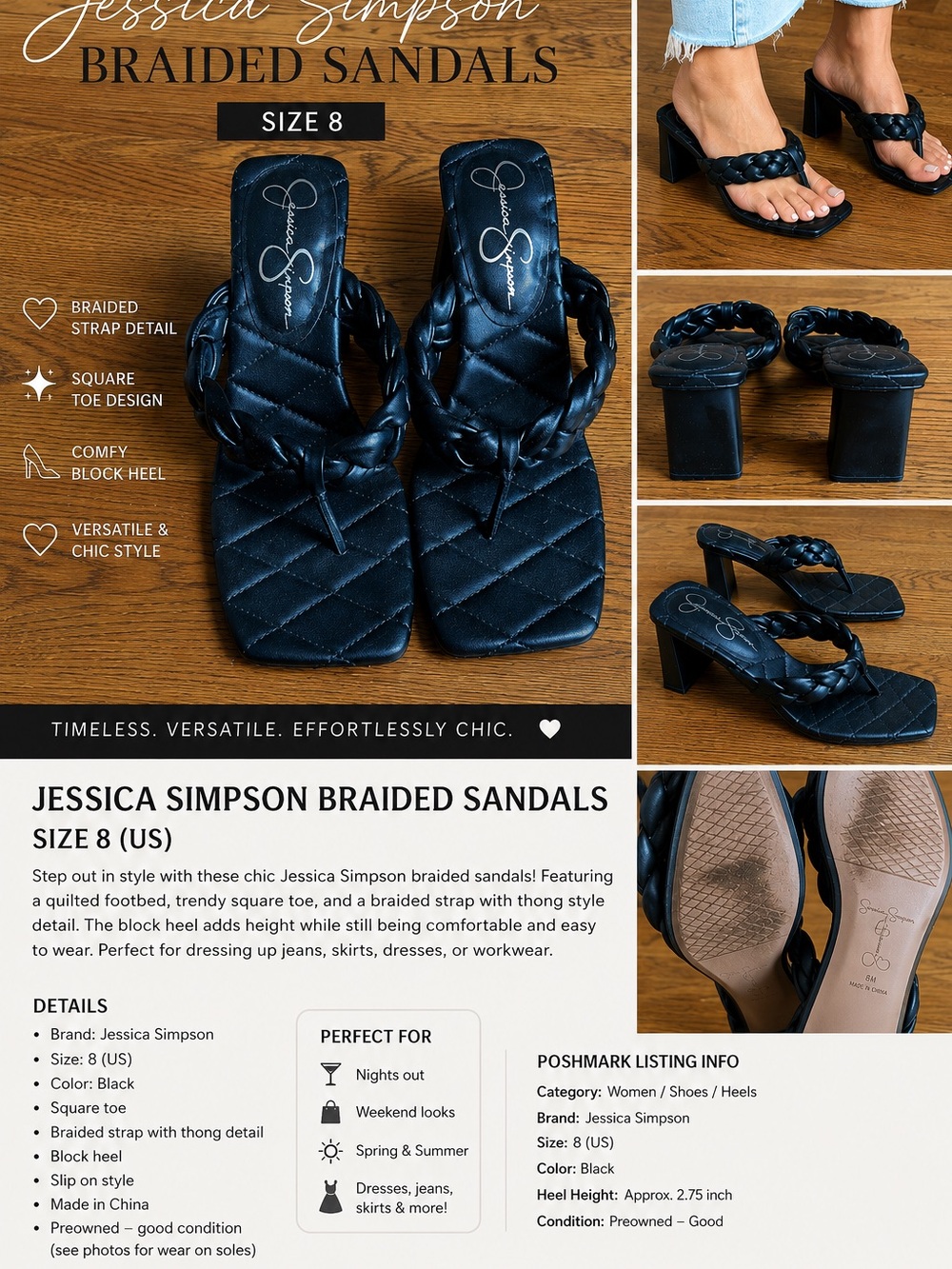 Jessica Simpson Black Quilted Braided Block Heel Sandals Size 8 Thong Sandal